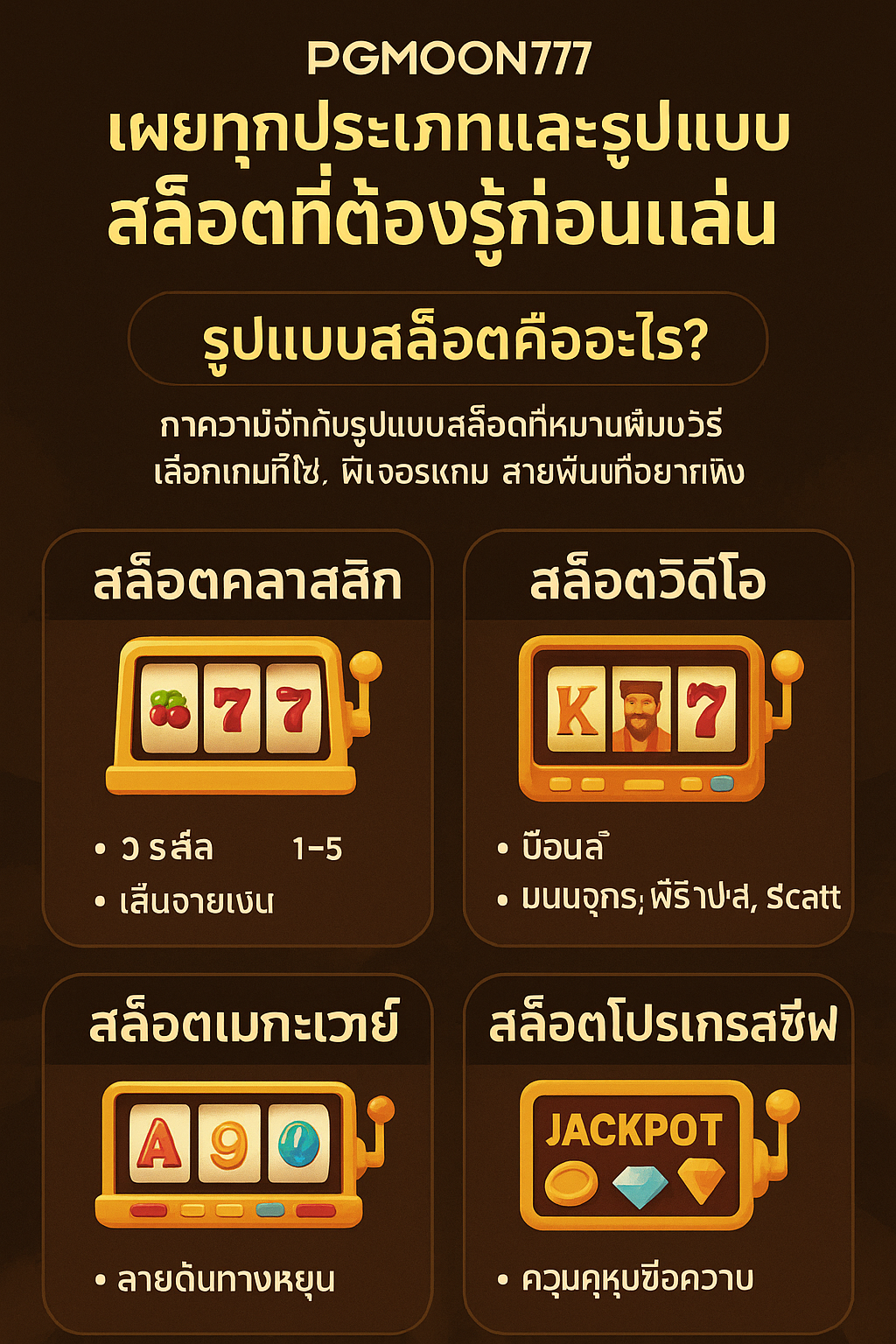 PGMOON777 เผยทุกประเภทและรูปแบบสล็อตที่ต้องรู้ก่อนเล่น